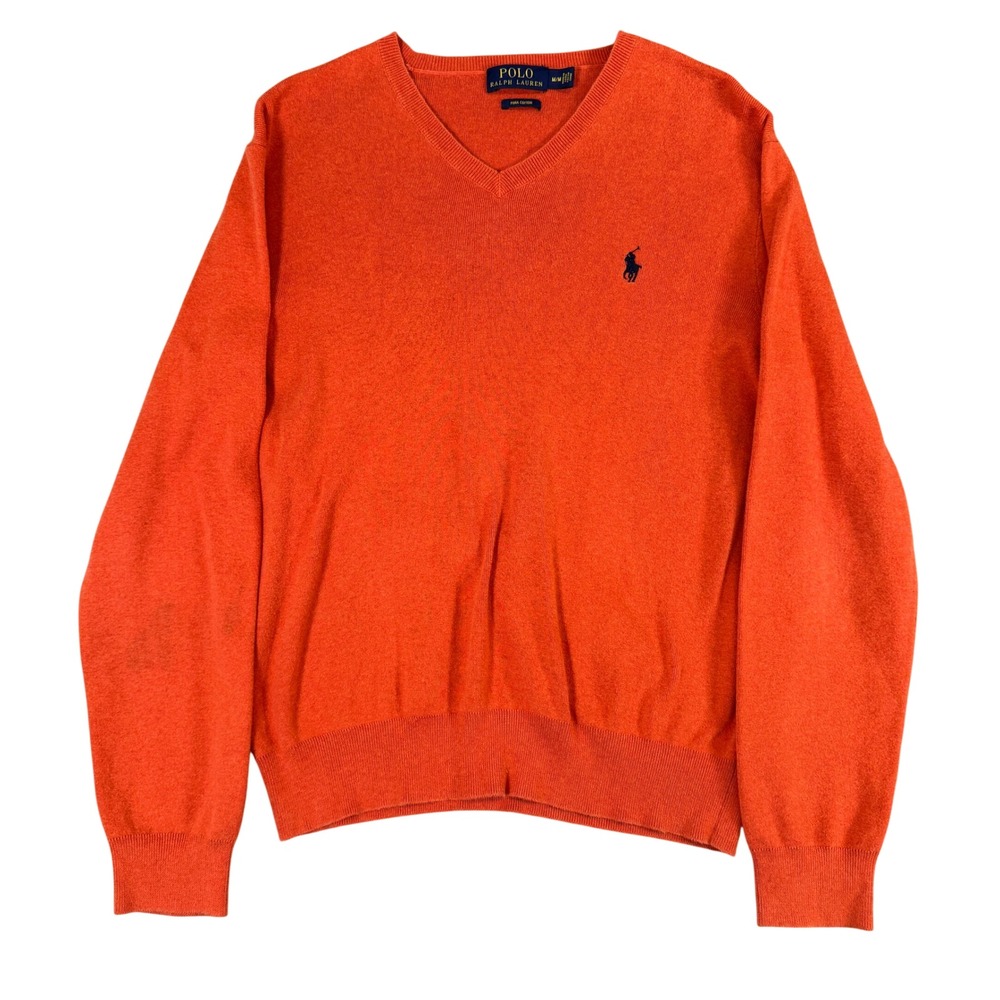 Polo Ralph Lauren Orange Pima Cotton V-Neck Sweater Mens Medium Pony Logo